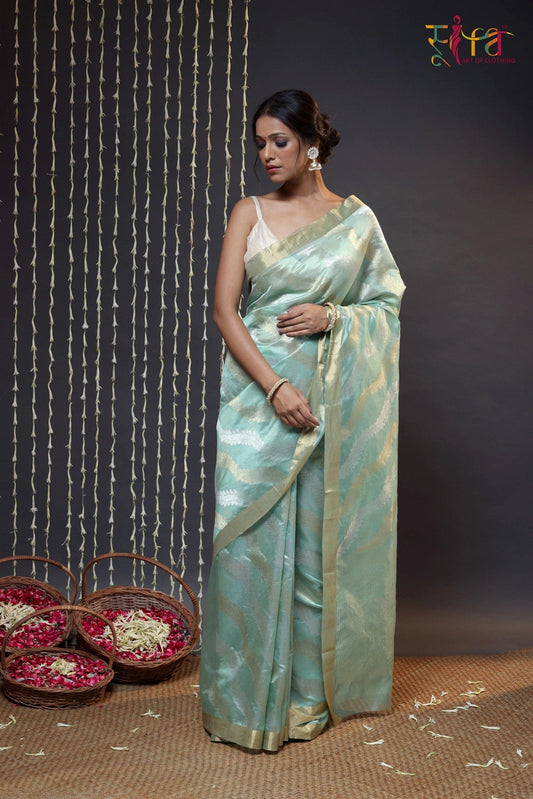 Pistachio Green Handloom Katan Silk Chanderi Saree With Zari