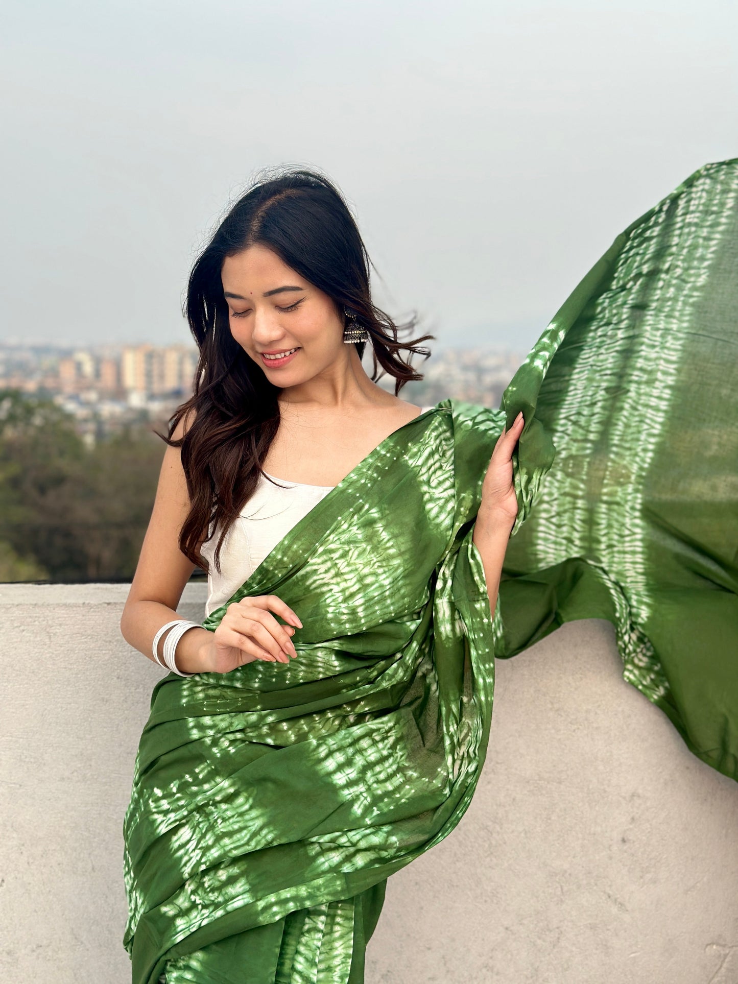 Dhaani- Green Tie & Dye Shibori Print Natural Dyed - Mulmul Cotton Saree