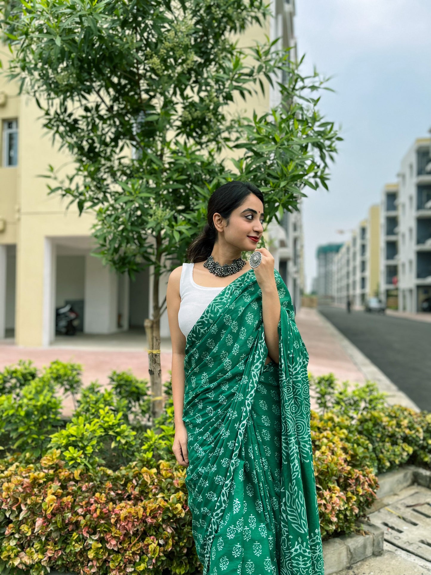 Hari Bhari - Green Handblock Print Natural Dyed - Mulmul Cotton Saree