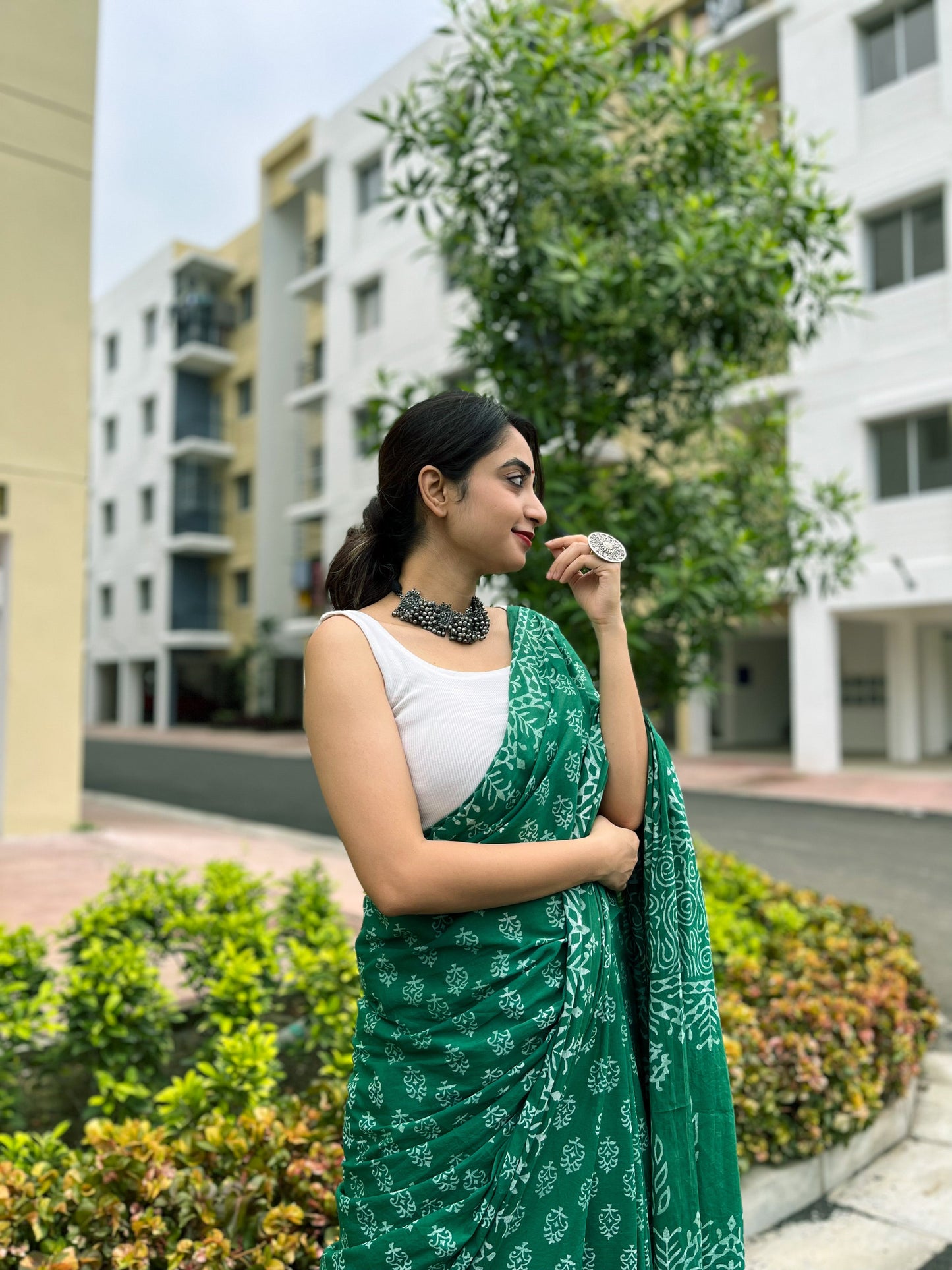 Hari Bhari - Green Handblock Print Natural Dyed - Mulmul Cotton Saree