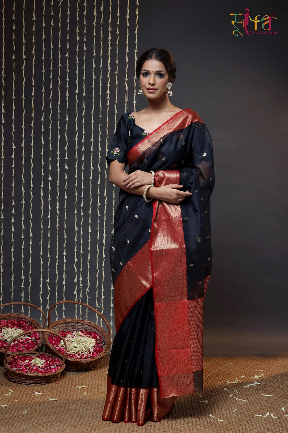 Handloom Black Katan Silk Chanderi Saree With Red Border