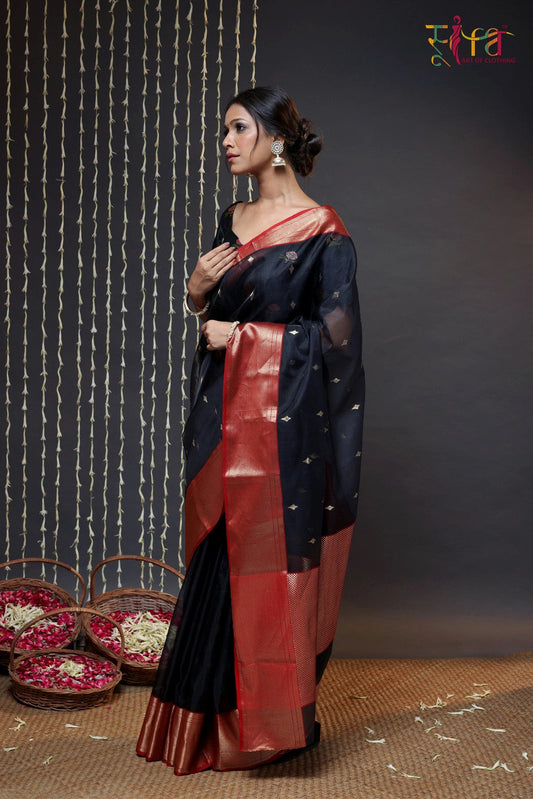 Handloom Black Katan Silk Chanderi Saree With Red Border