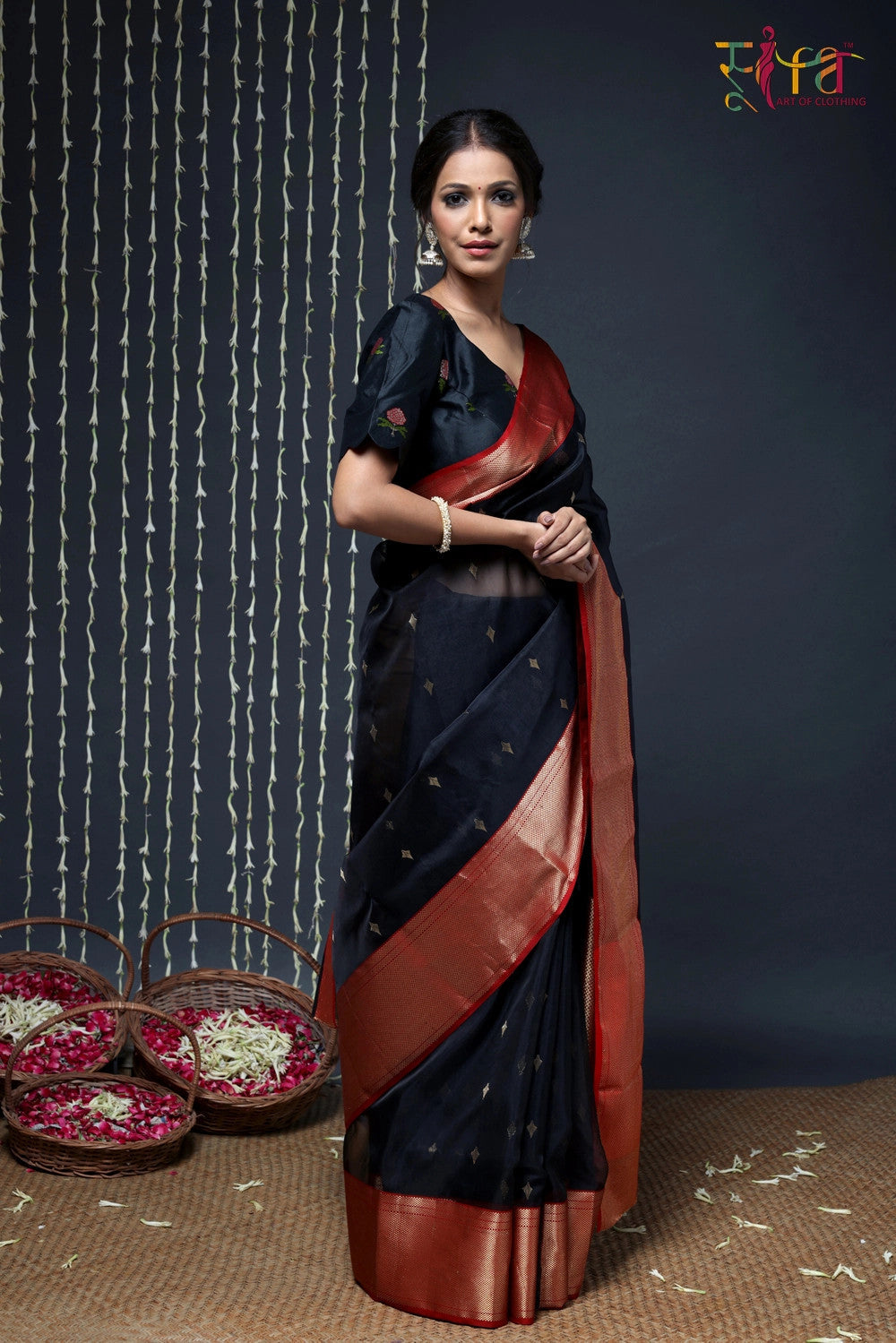 Handloom Black Katan Silk Chanderi Saree With Red Border