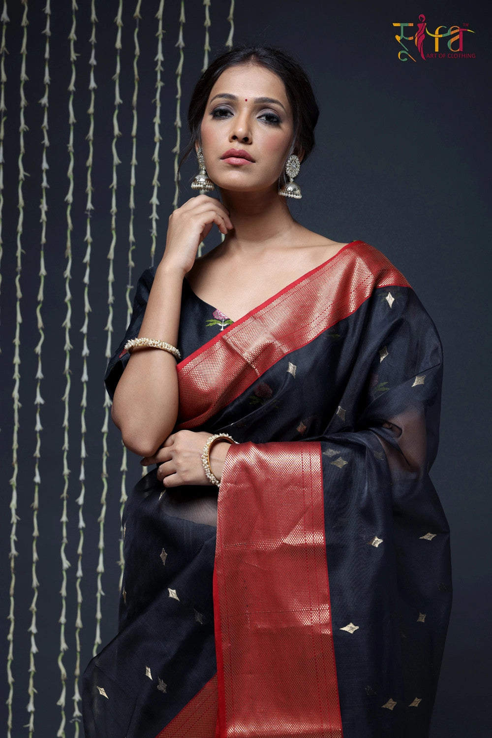 Handloom Black Katan Silk Chanderi Saree With Red Border