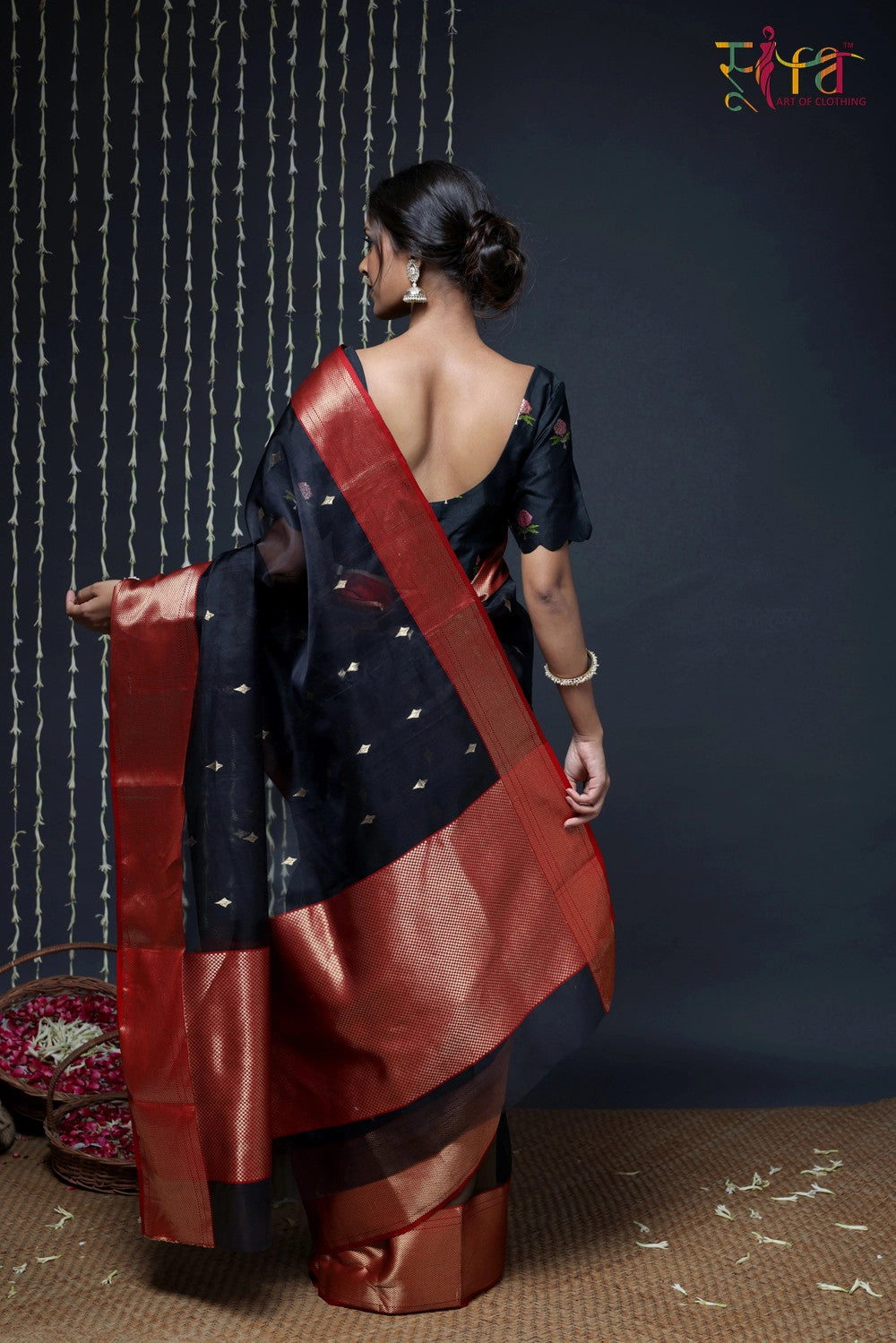 Handloom Black Katan Silk Chanderi Saree With Red Border