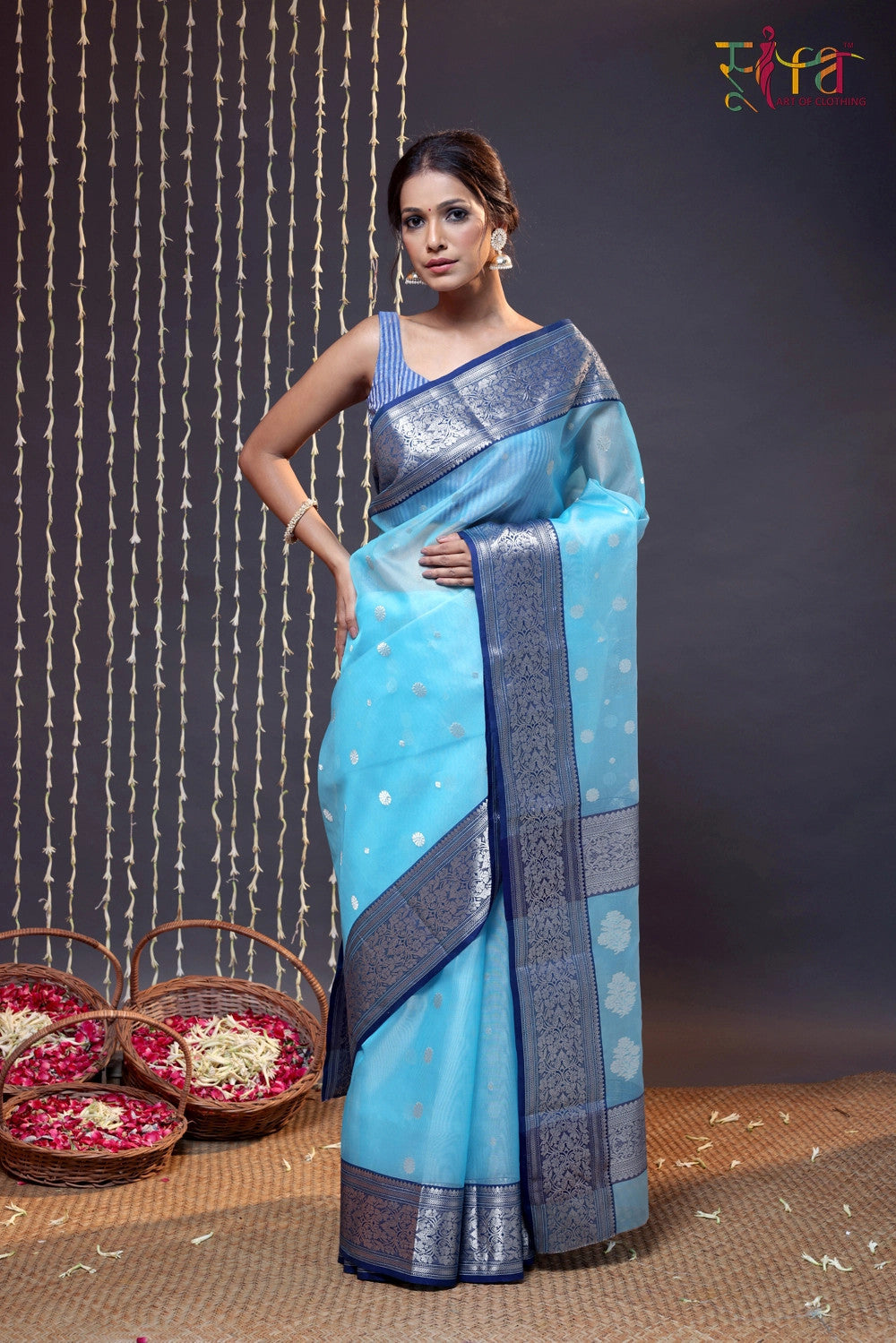 Handloom Sky Blue Katan Silk Chanderi Saree With Navy Blue Border