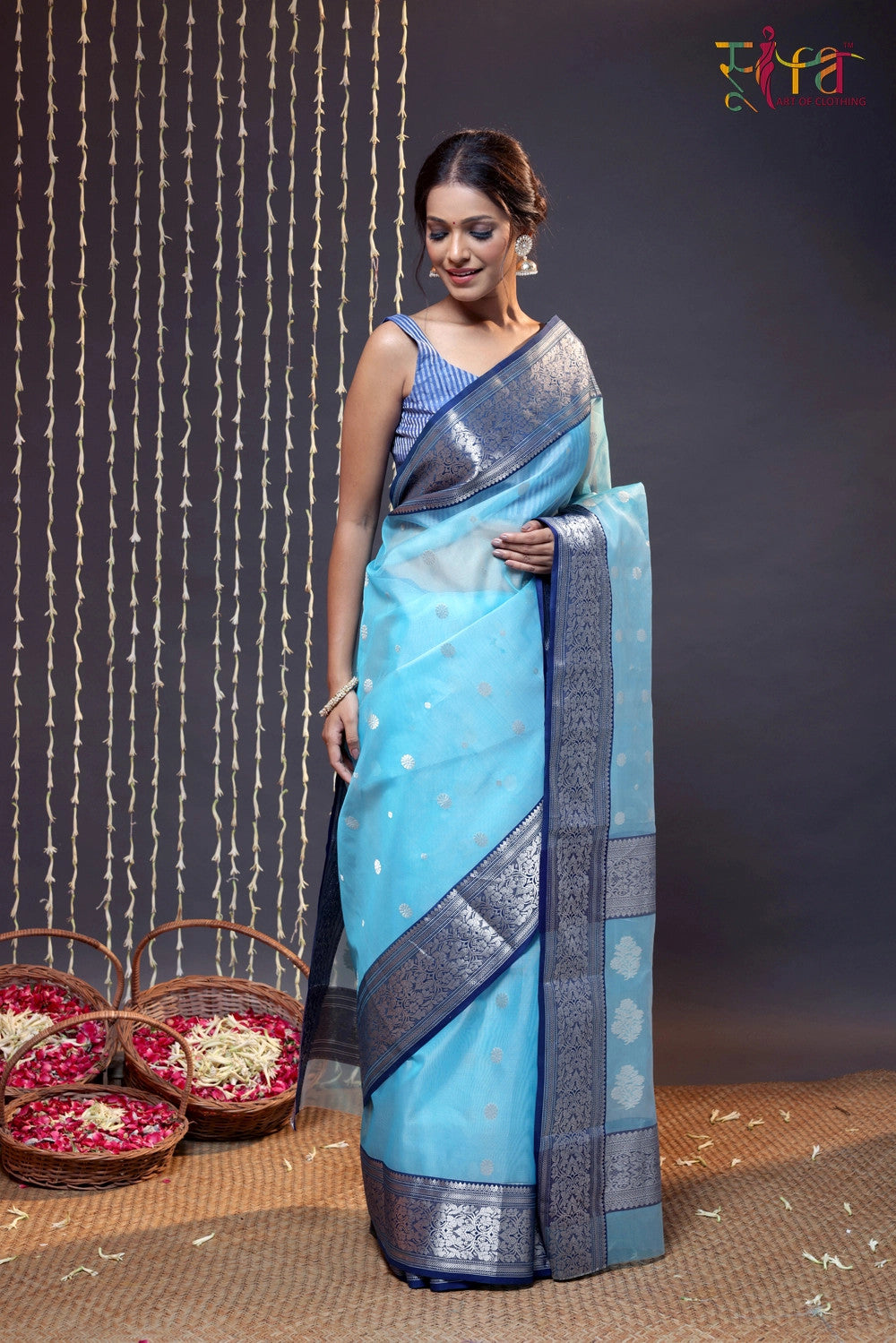 Handloom Sky Blue Katan Silk Chanderi Saree With Navy Blue Border