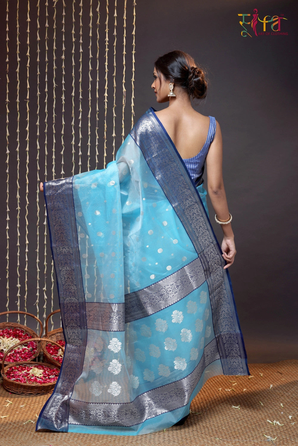 Handloom Sky Blue Katan Silk Chanderi Saree With Navy Blue Border