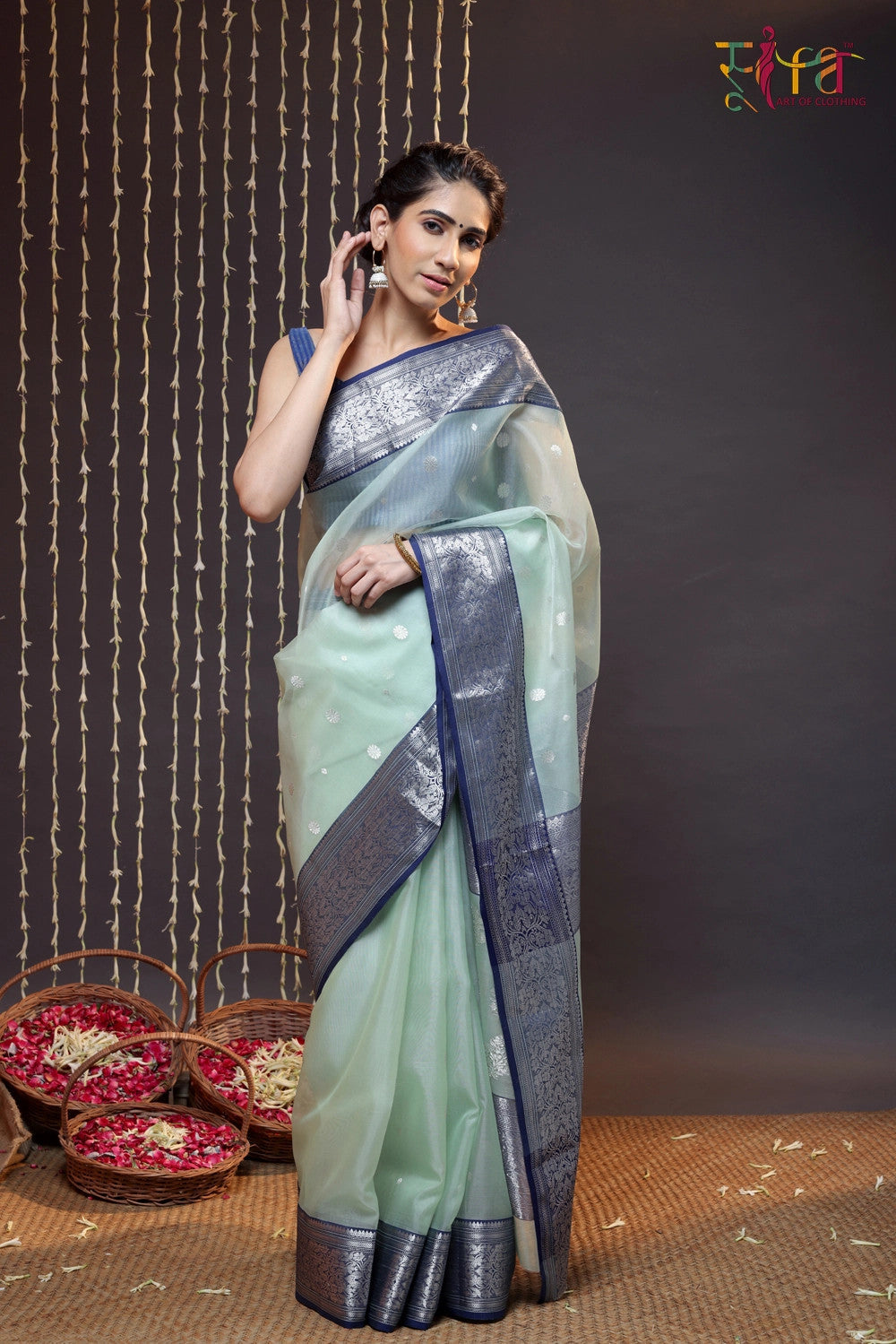 Handloom Pastel Green Katan Silk Chanderi Saree With Navy Blue Border