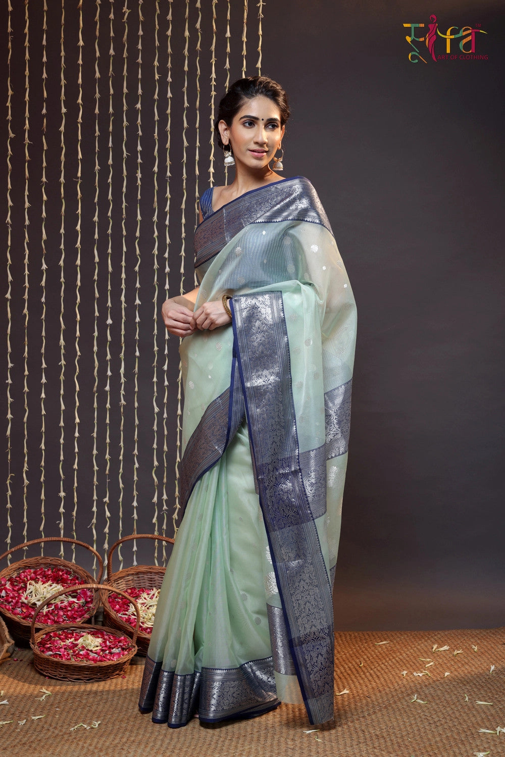 Handloom Pastel Green Katan Silk Chanderi Saree With Navy Blue Border