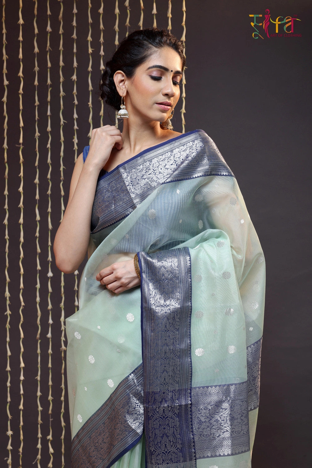 Handloom Pastel Green Katan Silk Chanderi Saree With Navy Blue Border