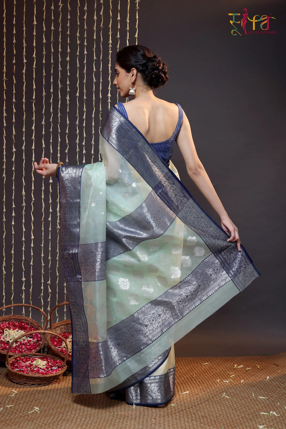 Handloom Pastel Green Katan Silk Chanderi Saree With Navy Blue Border