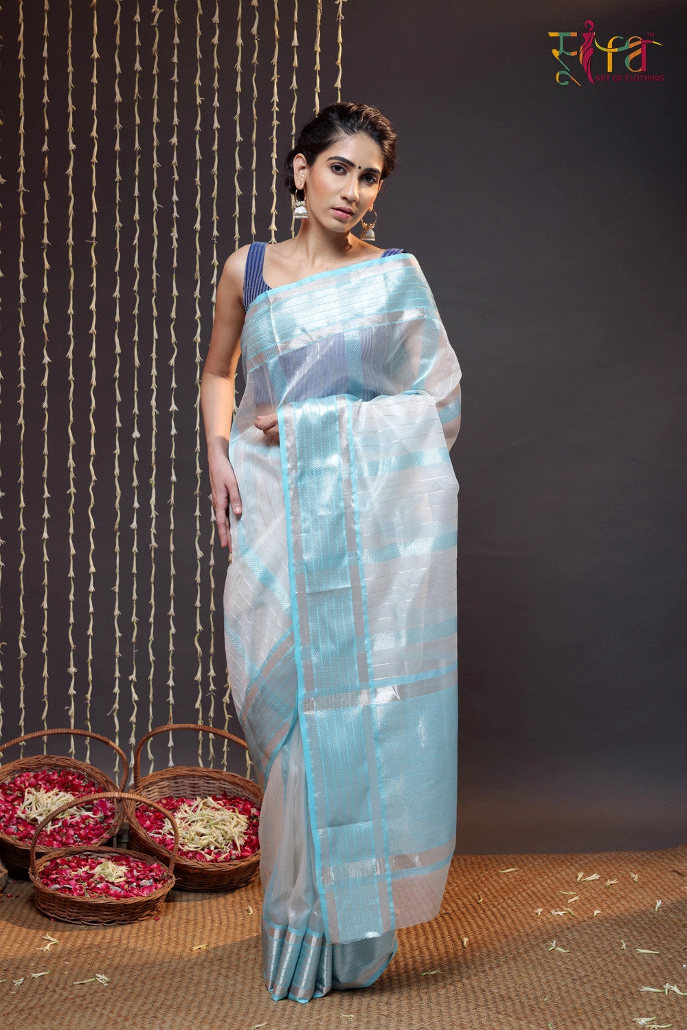 Handloom White Katan Silk Saree Woven With Silver Zari Stripes