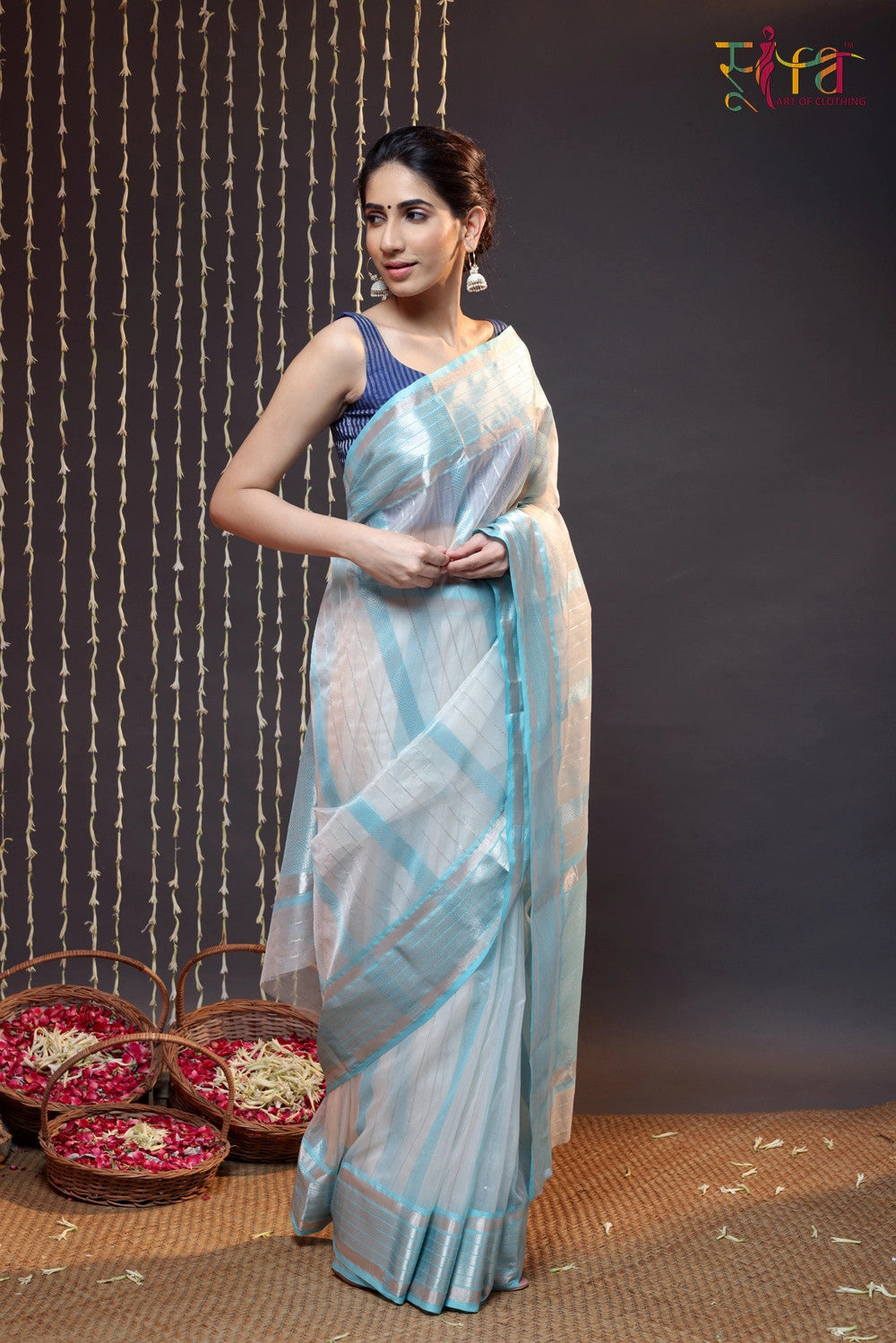 Handloom White Katan Silk Saree Woven With Silver Zari Stripes