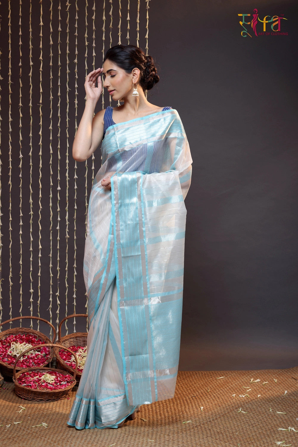 Handloom White Katan Silk Saree Woven With Silver Zari Stripes