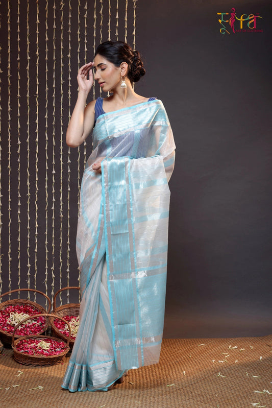 Handloom White Katan Silk Saree Woven With Silver Zari Stripes