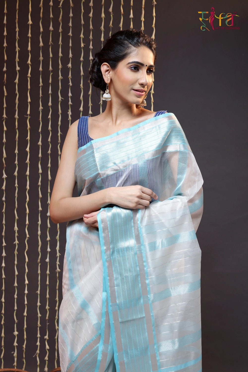 Handloom White Katan Silk Saree Woven With Silver Zari Stripes