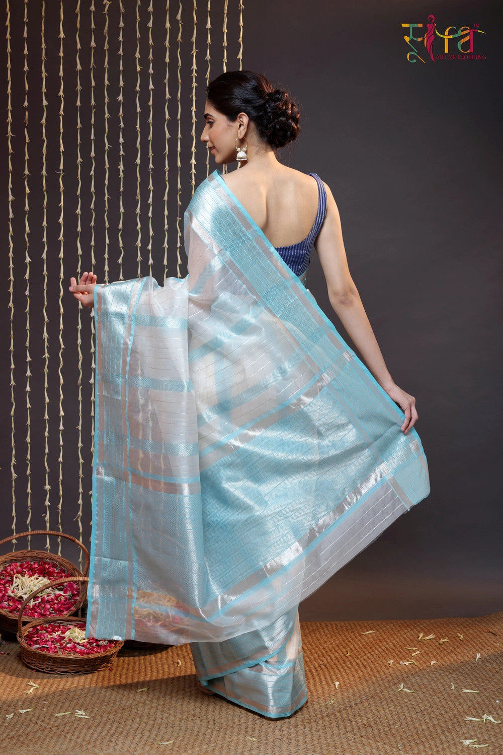 Handloom White Katan Silk Saree Woven With Silver Zari Stripes