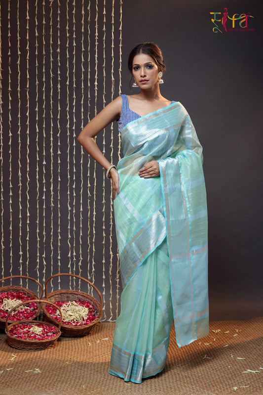 Handloom Turquoise Katan Silk Saree Woven With  Zari Stripes