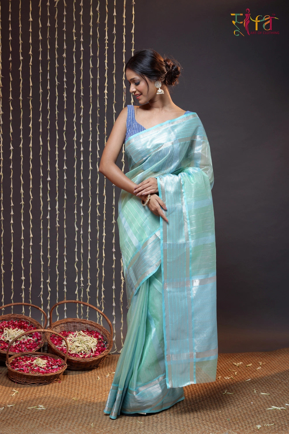 Handloom Turquoise Katan Silk Saree Woven With  Zari Stripes