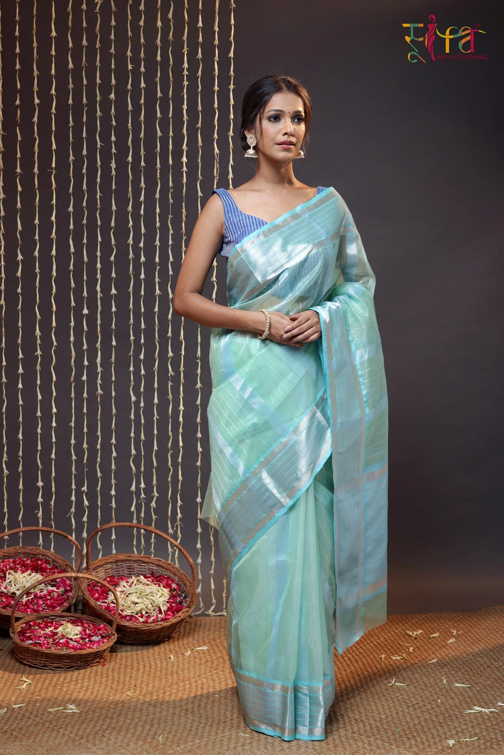 Handloom Turquoise Katan Silk Saree Woven With  Zari Stripes