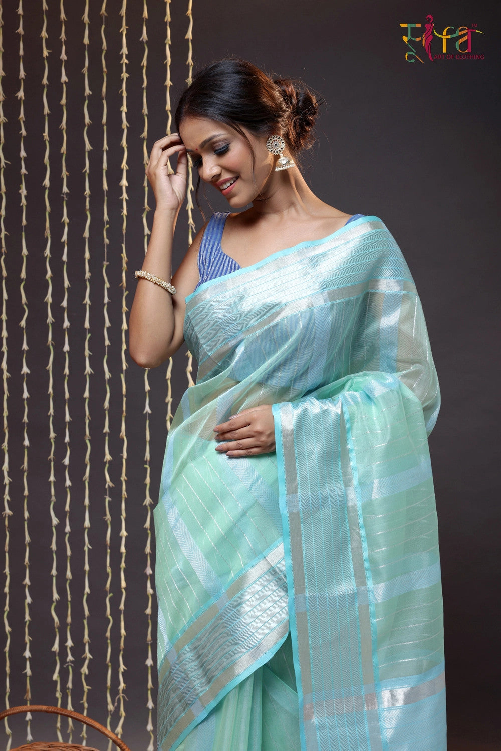 Handloom Turquoise Katan Silk Saree Woven With  Zari Stripes