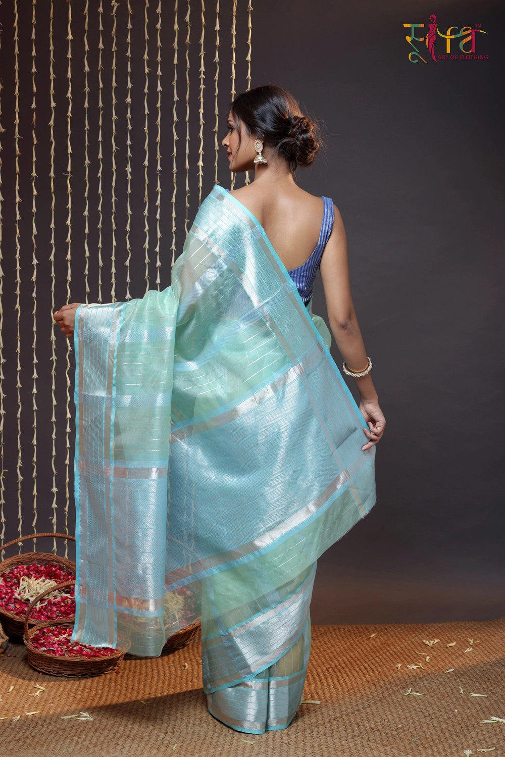 Handloom Turquoise Katan Silk Saree Woven With  Zari Stripes