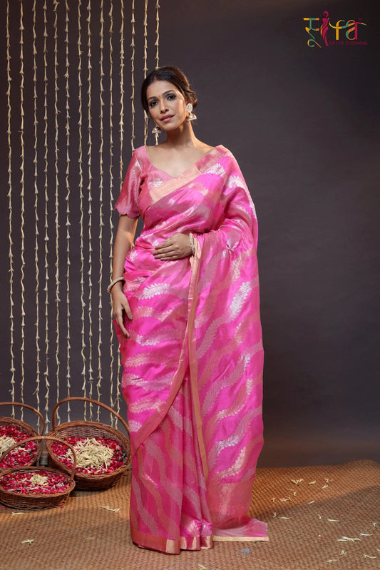 Hot Pink Handloom Chanderi Silk Saree With Zari