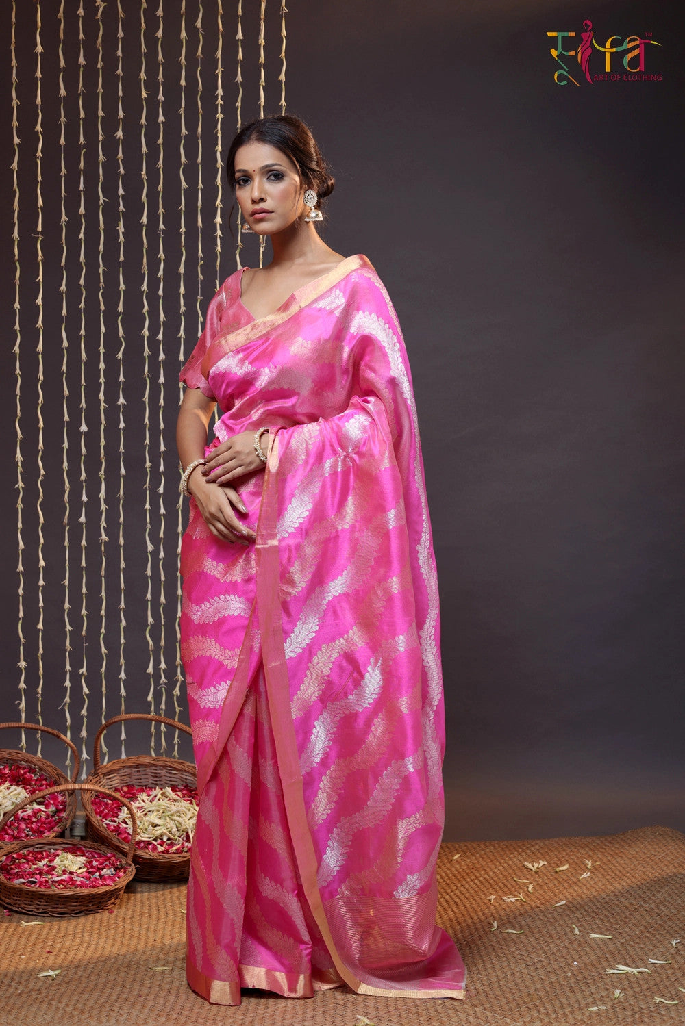 Hot Pink Handloom Chanderi Silk Saree With Zari