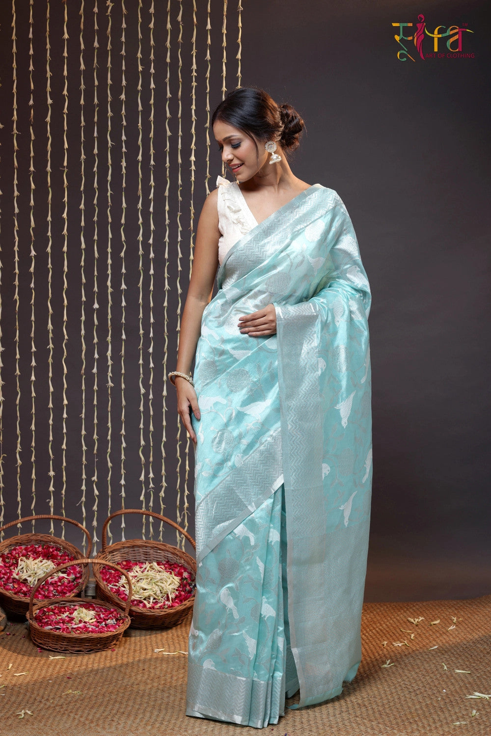 Light Blue Handloom Silk Chanderi Saree With Bird Motifs