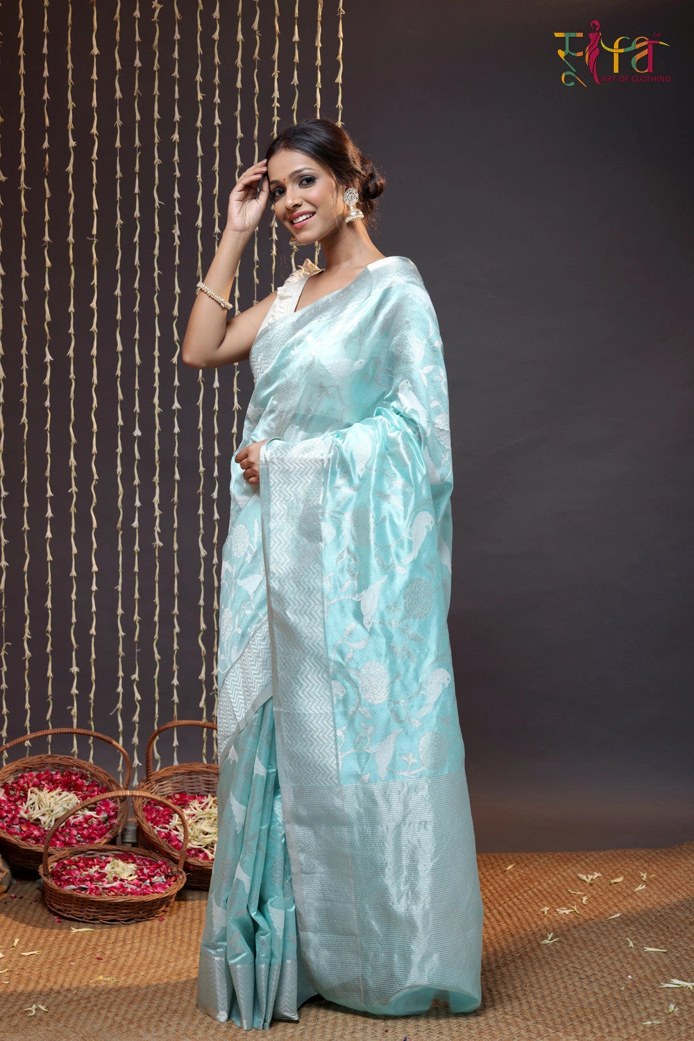 Light Blue Handloom Silk Chanderi Saree With Bird Motifs