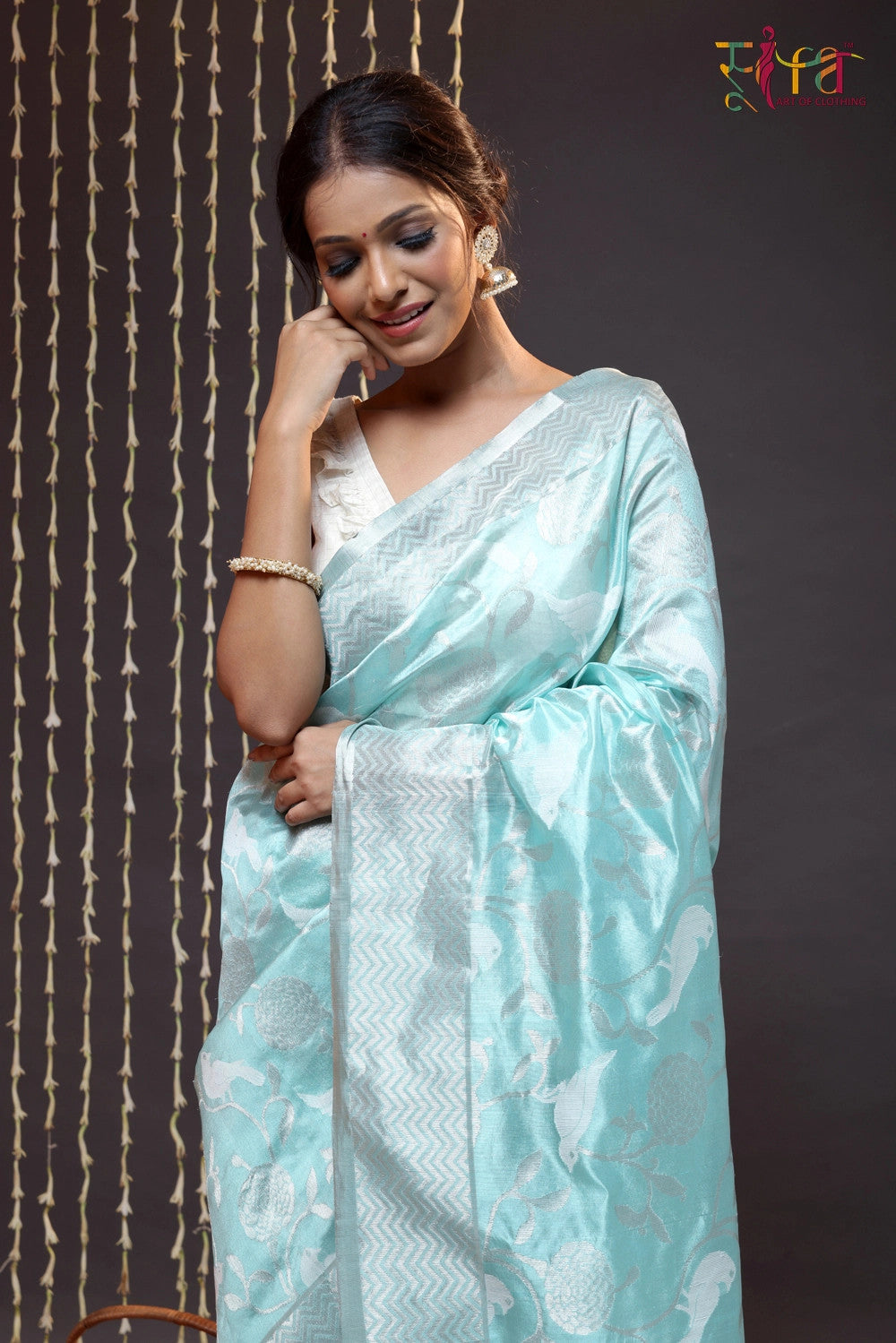 Light Blue Handloom Silk Chanderi Saree With Bird Motifs