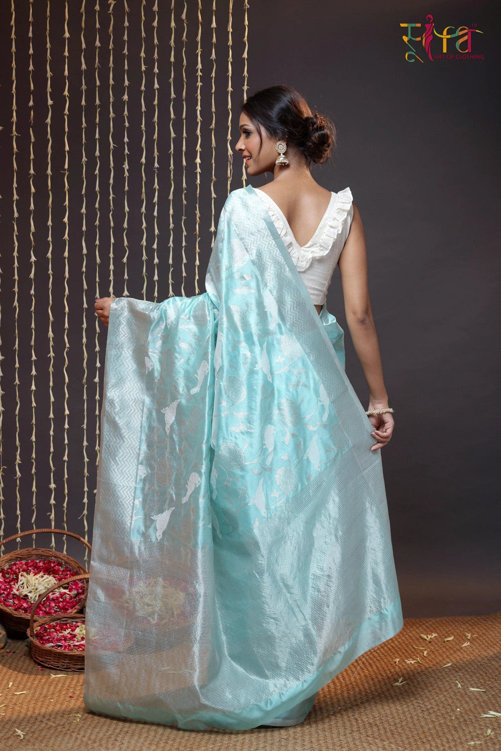 Light Blue Handloom Silk Chanderi Saree With Bird Motifs