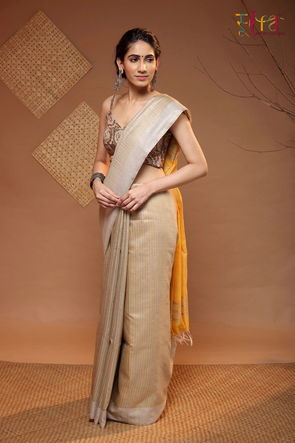 Handloom Beige Tussar Muga Silk Saree With Yellow Stripes