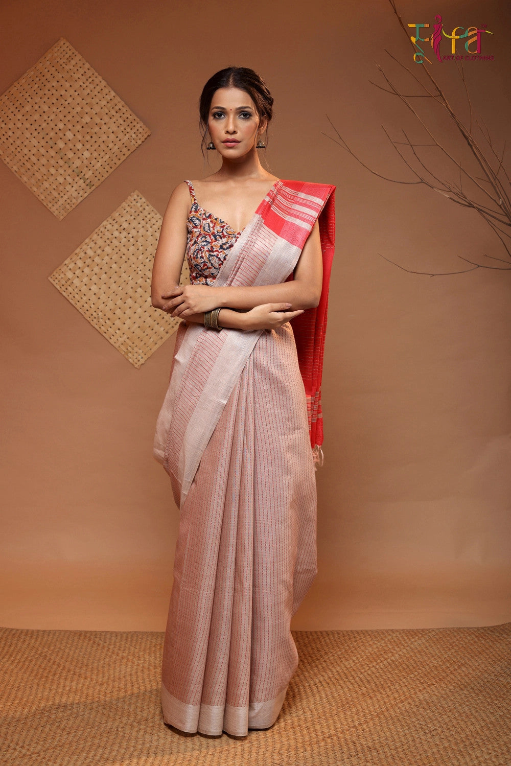 Handloom Beige Tussar Muga Silk Saree With Red Stripes