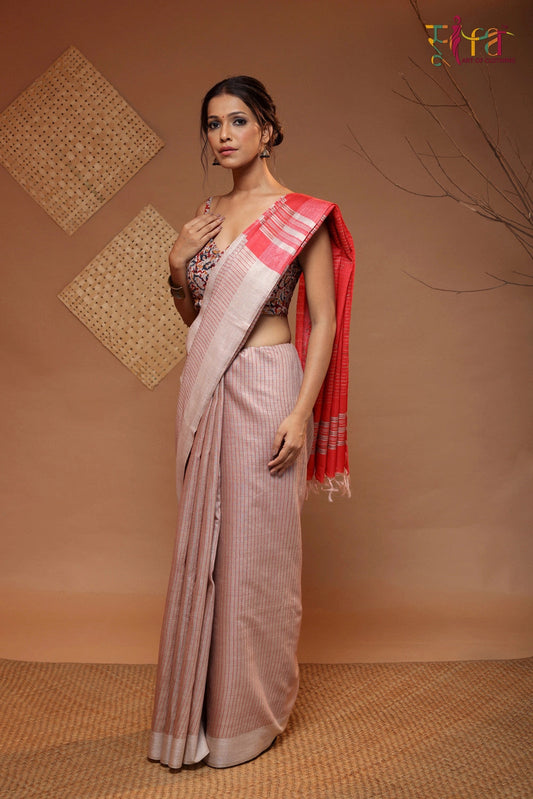 Handloom Beige Tussar Muga Silk Saree With Red Stripes