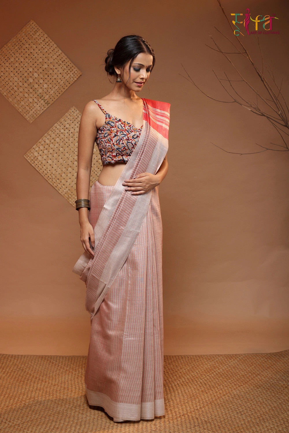 Handloom Beige Tussar Muga Silk Saree With Red Stripes