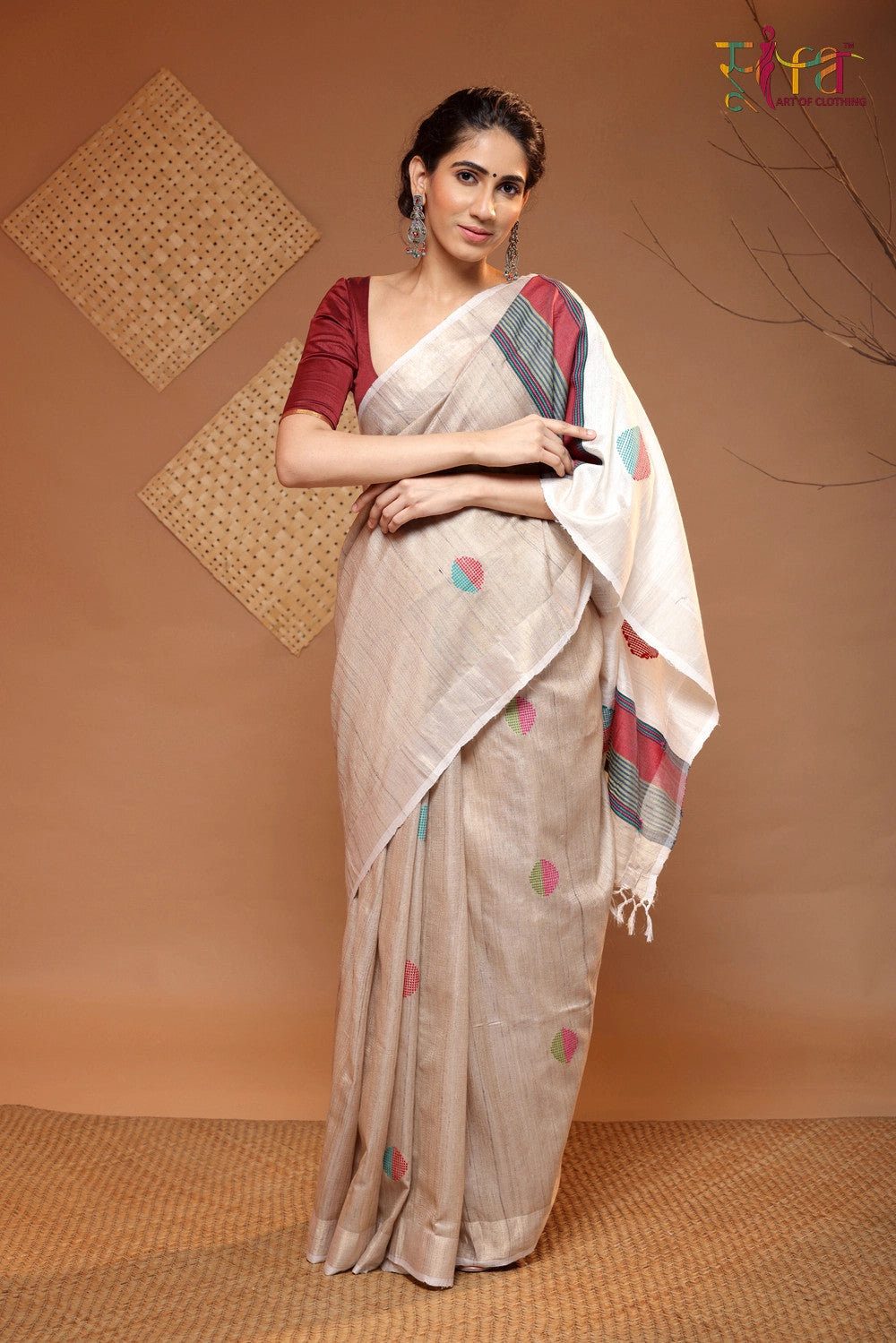 Handloom Beige Tussar Silk Saree With Red And Green Motifs