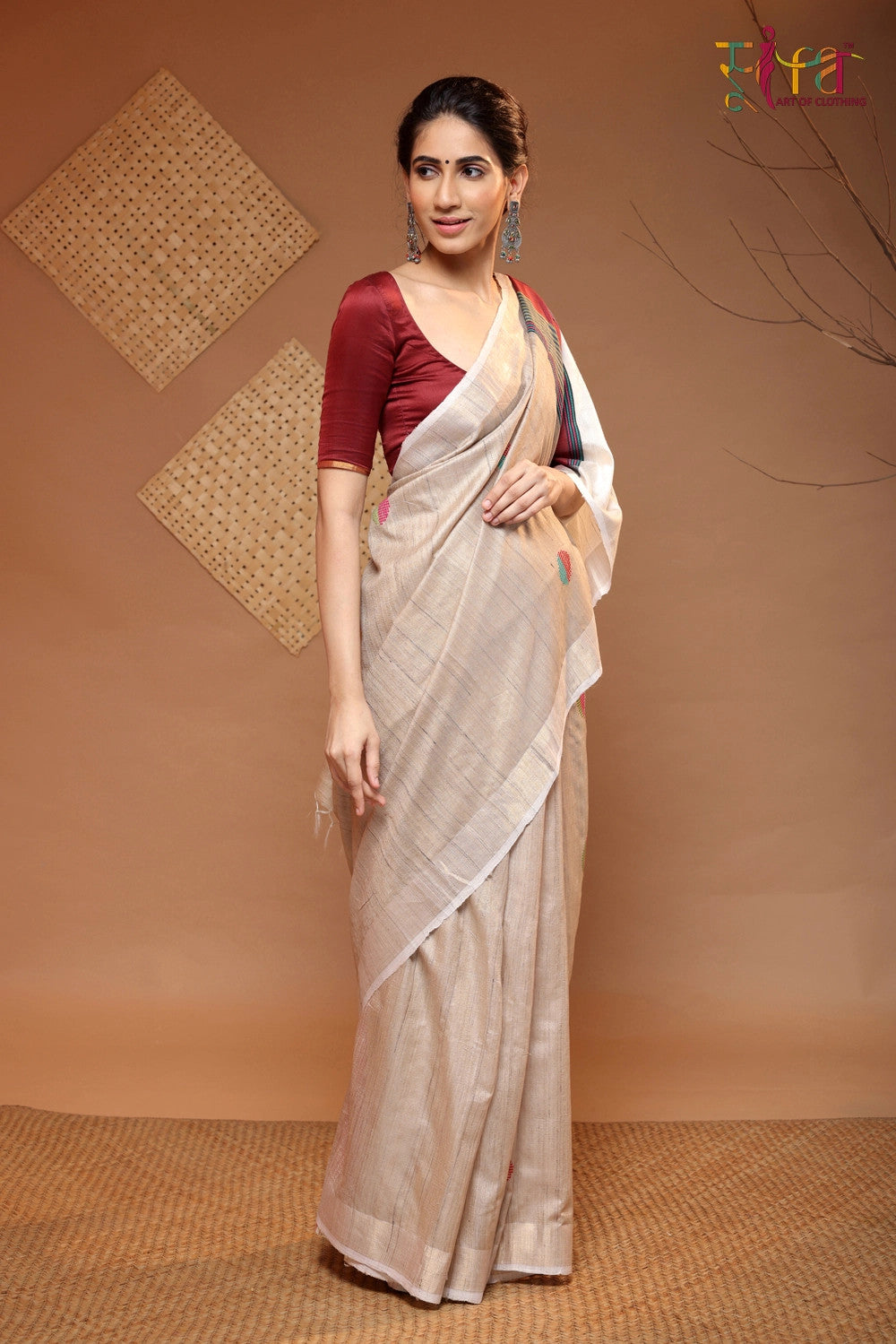 Handloom Beige Tussar Silk Saree With Red And Green Motifs