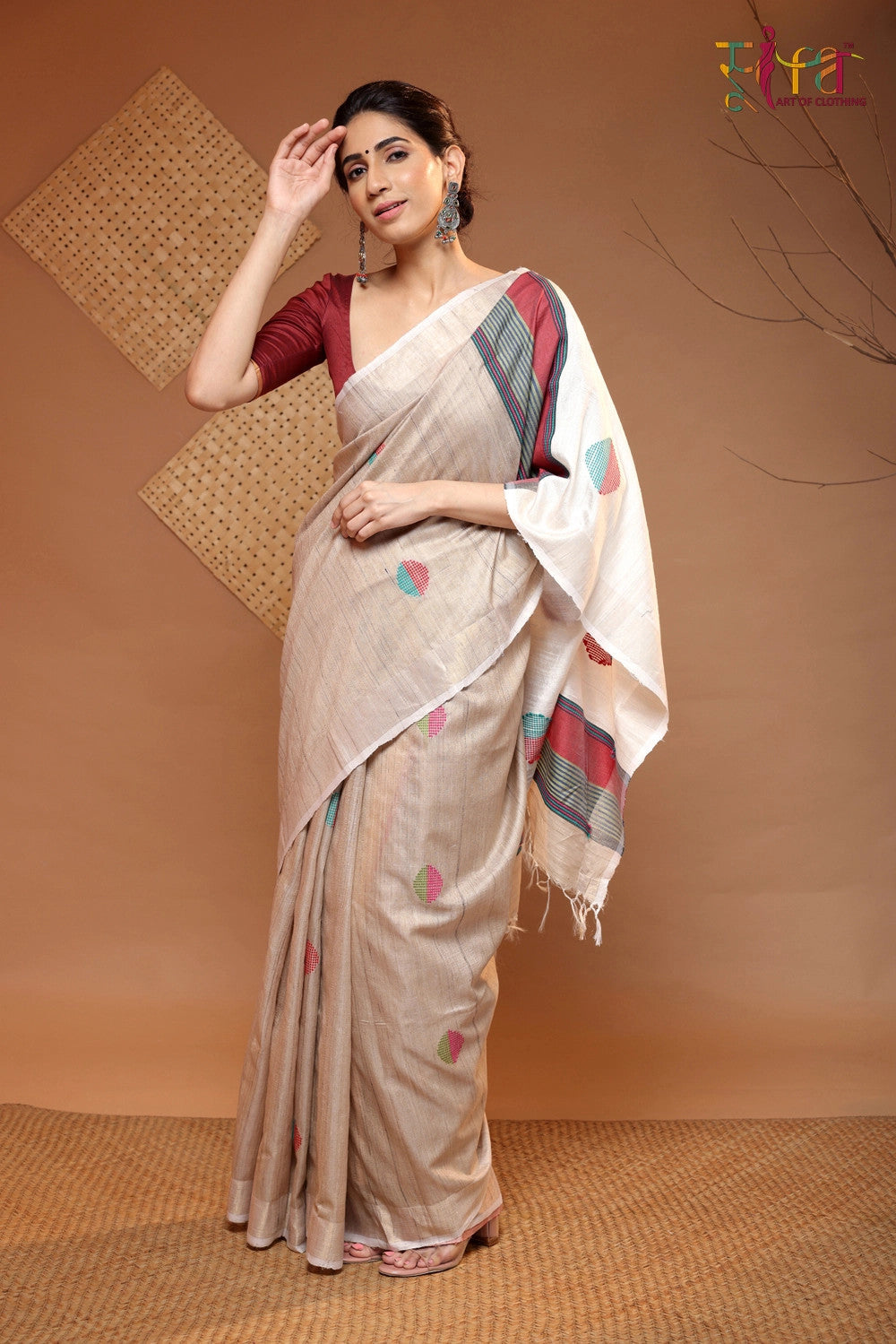 Handloom Beige Tussar Silk Saree With Red And Green Motifs