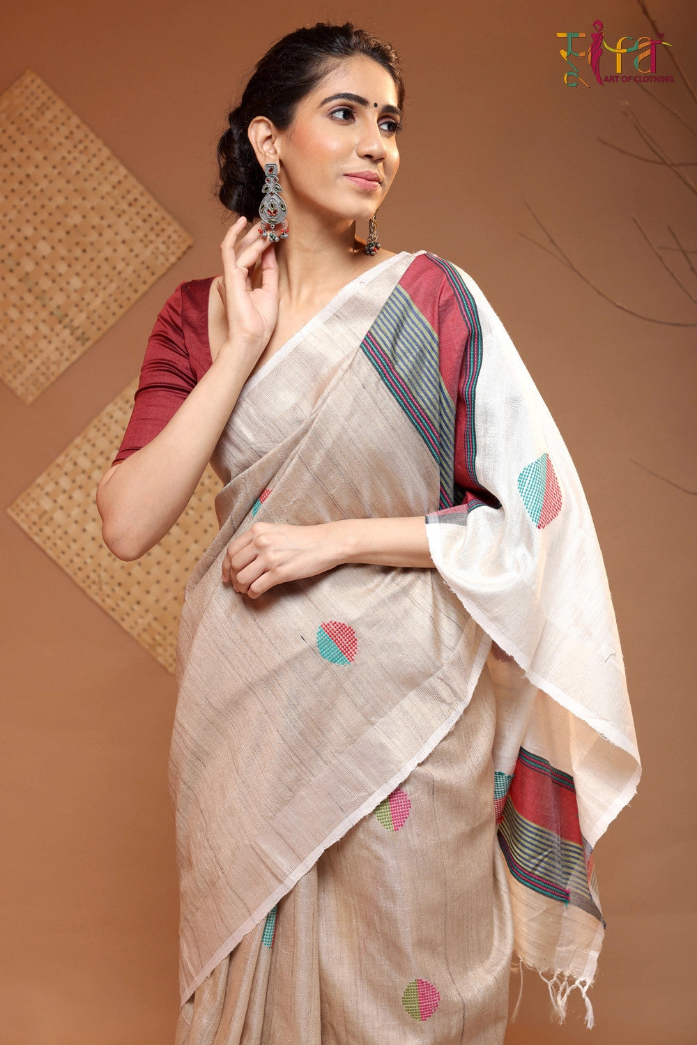 Handloom Beige Tussar Silk Saree With Red And Green Motifs