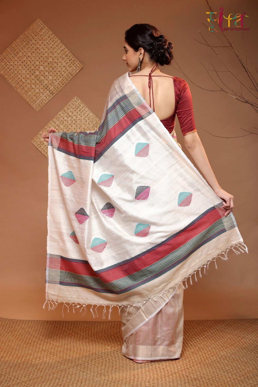 Handloom Beige Tussar Silk Saree With Red And Green Motifs