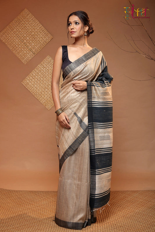 Pastel Brown Handloom Tussar Silk Saree With Black Border