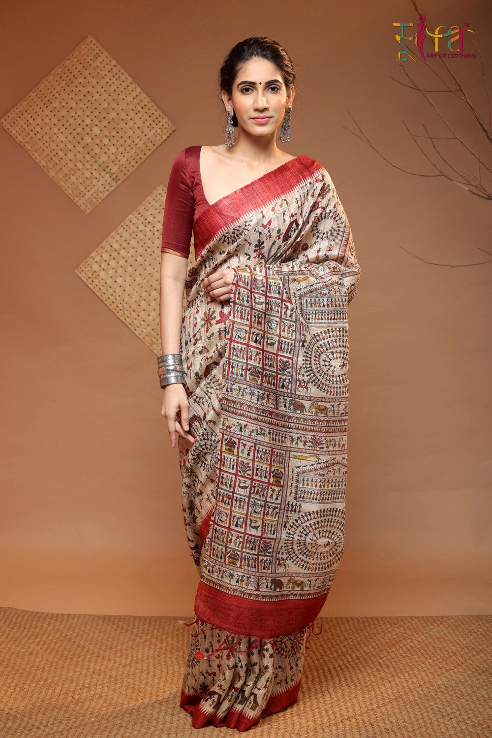 Wood Brown Handloom Kosa Silk Tribal Art Saree