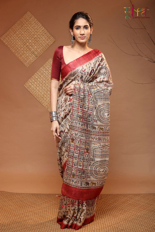 Wood Brown Handloom Kosa Silk Tribal Art Saree