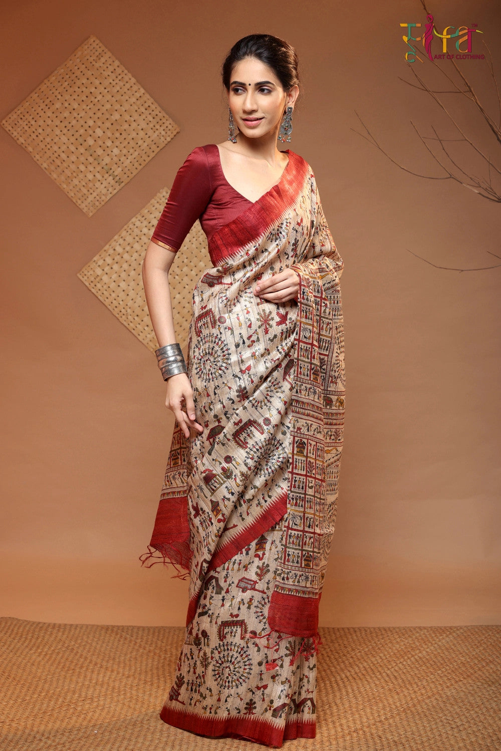 Wood Brown Handloom Kosa Silk Tribal Art Saree