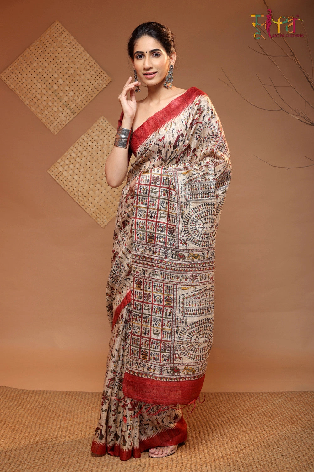 Wood Brown Handloom Kosa Silk Tribal Art Saree