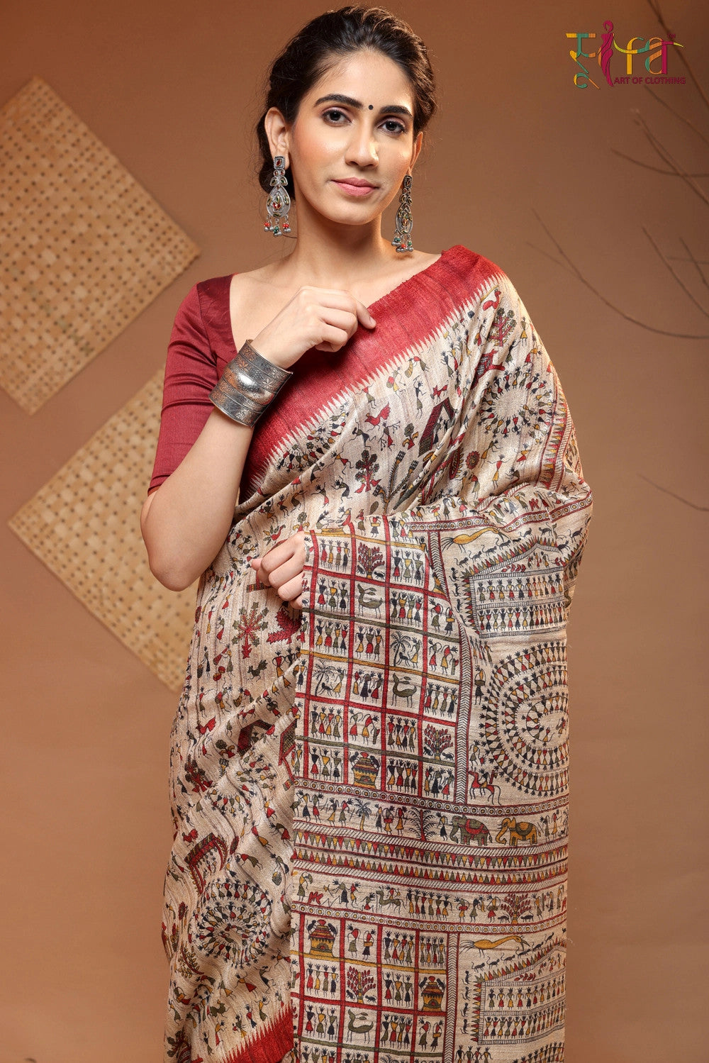 Wood Brown Handloom Kosa Silk Tribal Art Saree