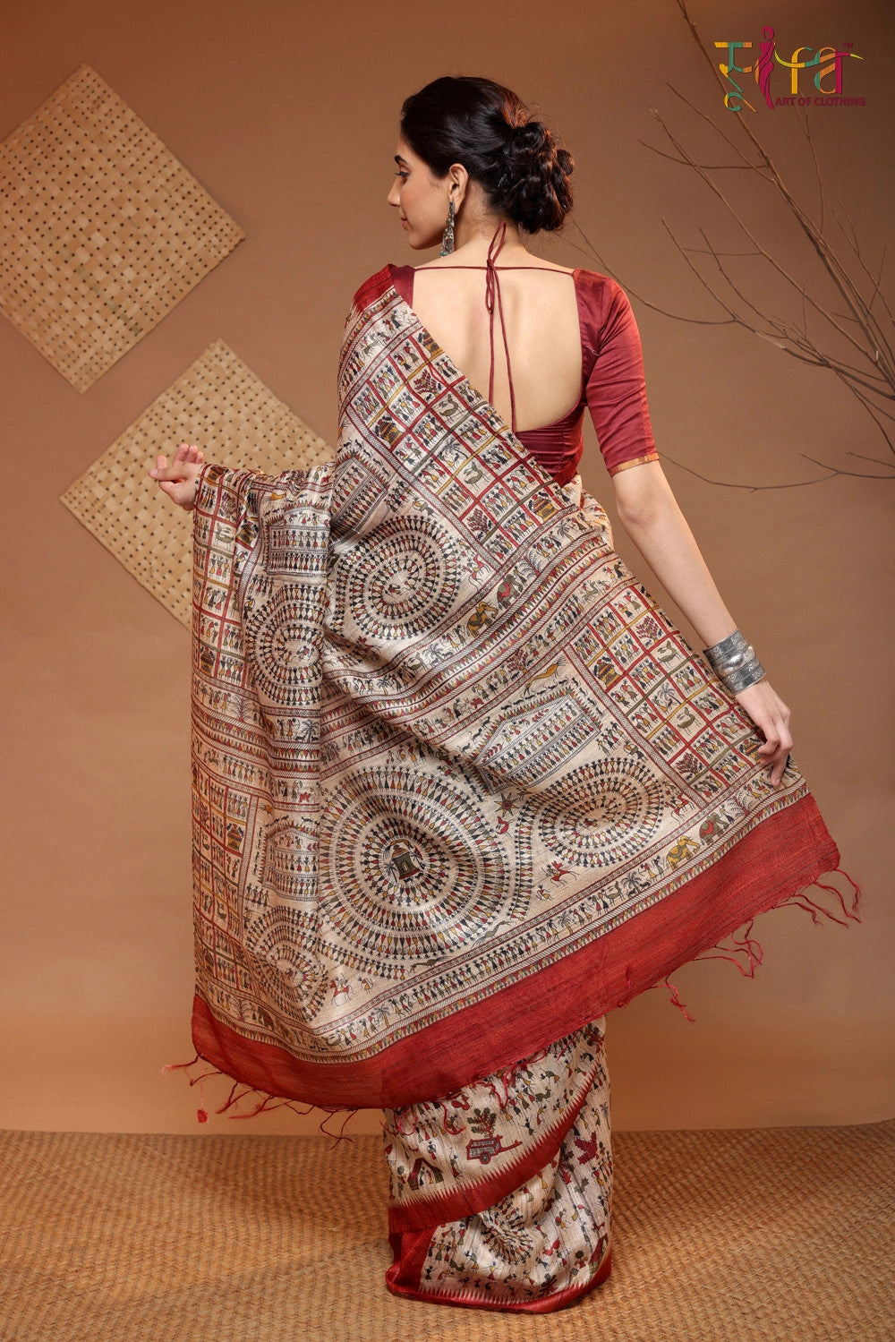 Wood Brown Handloom Kosa Silk Tribal Art Saree