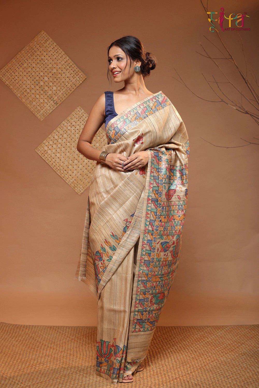 Handloom Tan Brown pure Tussar silk Madhubani hand painted Saree